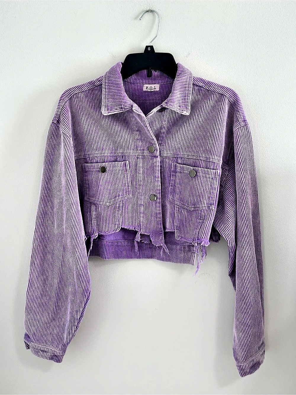 POL Cropped Distressed Jacket in Purple